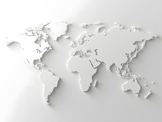 Minimalist 3D White Paper Cut World Map on White Background