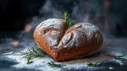A beautifully baked loaf of artisanal bread in the shape of a heart