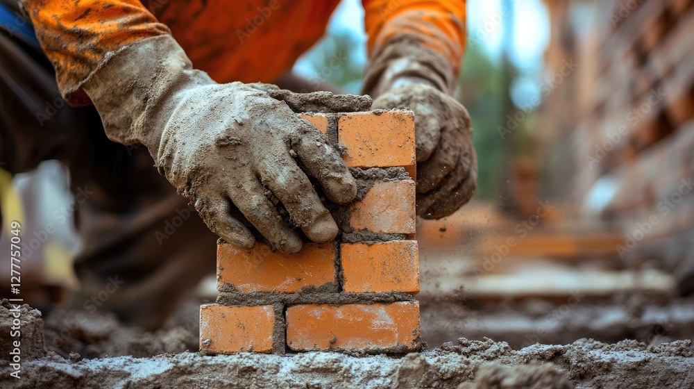 Poster a professional bricklayer placing bricks carefully, with focus on the technique and quality of work 