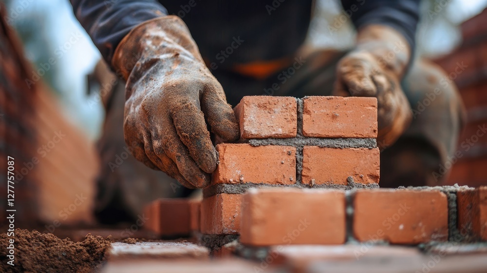 Poster a professional bricklayer placing bricks carefully, with focus on the technique and quality of work 