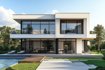 Modern Luxury Two Story House with Pool Large Windows and Minimalist Design