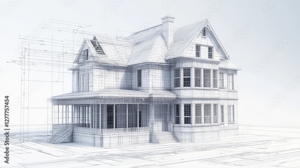 Poster A realistic 3D wireframe model and blueprint layout of an old house being remodeled, with construction elements in place for renovation.