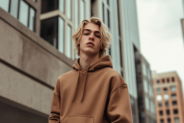 Young pretty male model with a plain hoodie and sweatpants posing for a clothing brand