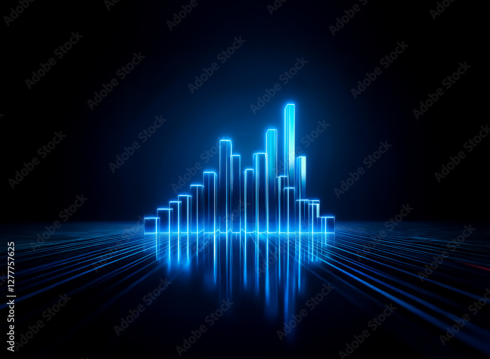 Poster glowing blue bars rise from a reflective dark surface, resembling a digital cityscape or data visual