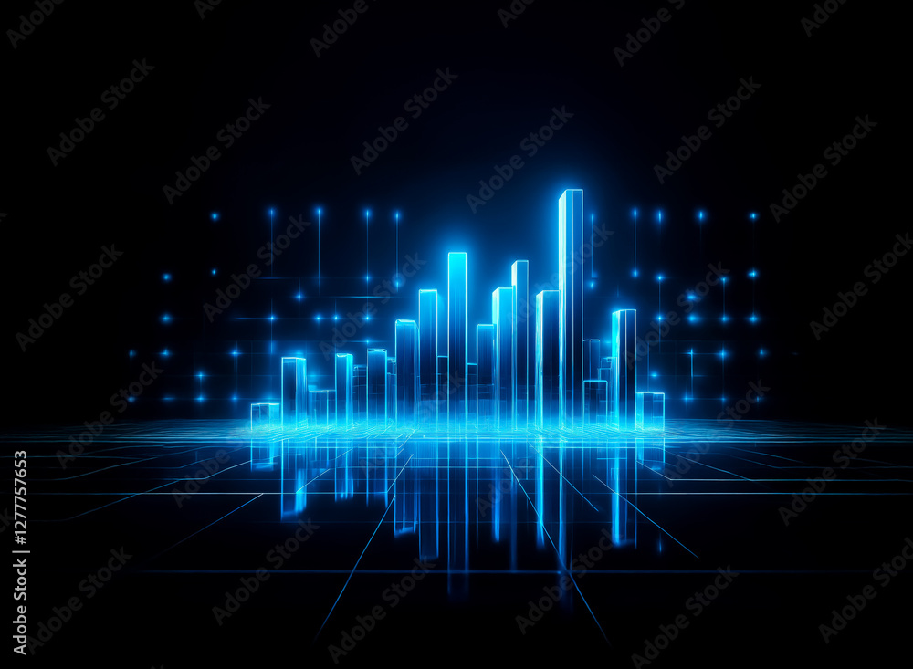Poster a futuristic glowing blue bar chart with reflection on a grid surface is displayed against a dark ba