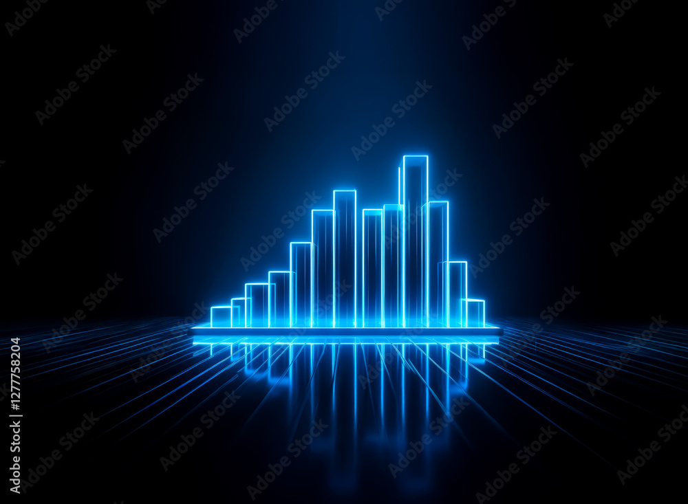 Aufkleber a luminous blue bar graph glows against a dark backdrop. neon bars reflect on a shiny surface, creat