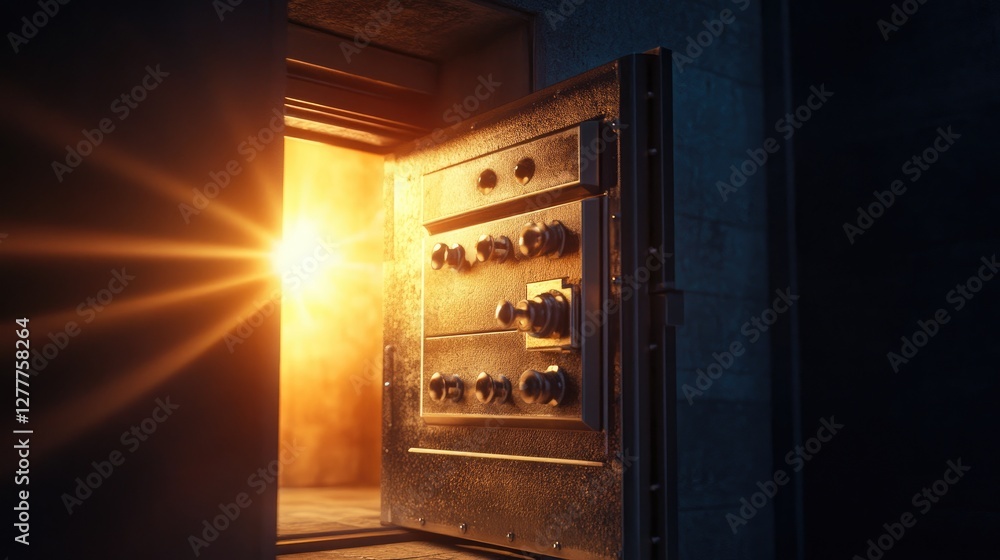 Poster A safe door opens with bright light spilling from within, creating a dramatic and secure atmosphere.