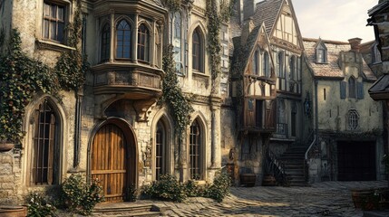 Fototapeta premium A close-up of a historic European building with intricate architecture and cobblestone streets