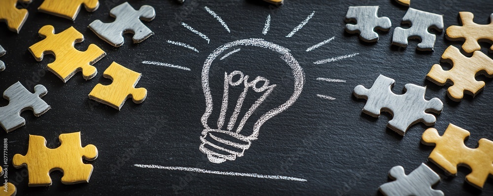 Fototapete A blackboard with a light bulb drawn and stepsshaped jigsaw puzzle pieces, symbolizing the structured approach to developing new ideas and problemsolving