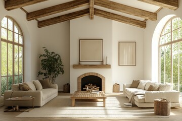 Fototapeta premium Modern Minimalist Living Room Interior Design with Wooden Beams Fireplace and Large Windows