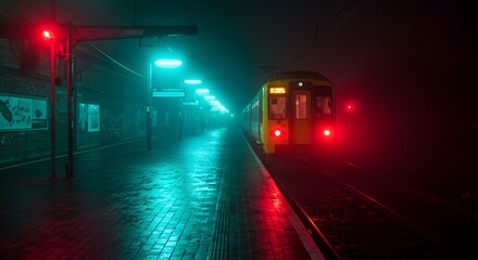 Naklejka premium Night Train Station Scene With Yellow And Red Train In Foggy Atmosphere