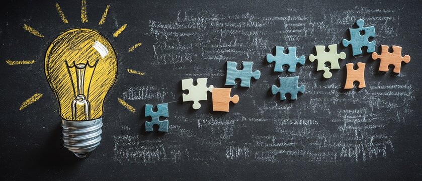 A blackboard with a handdrawn light bulb and jigsaw puzzle pieces arranged as steps, illustrating the stepbystep development of new and innovative ideas