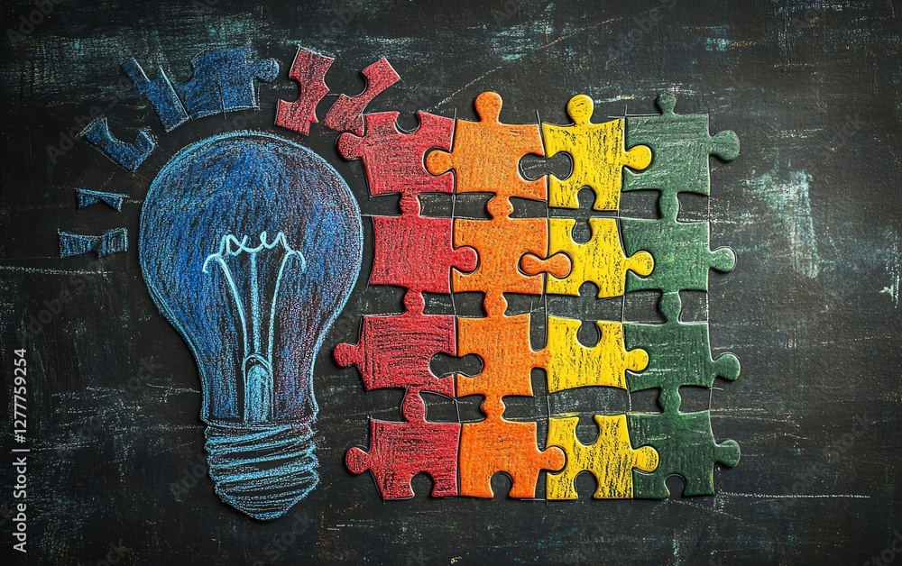 Poster A chalk drawing of a light bulb on a blackboard with jigsaw puzzle pieces arranged in steps, representing the stages of developing creative solutions