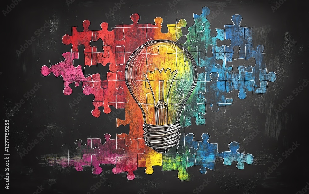 Poster a chalk drawing of a light bulb on a blackboard with jigsaw puzzle pieces arranged in steps, represe