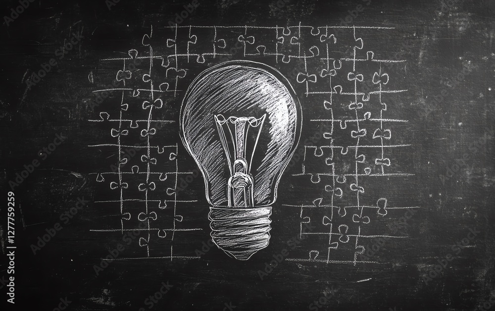 Poster A chalk drawing of a light bulb on a blackboard with jigsaw puzzle pieces arranged in steps, representing the stages of developing creative solutions