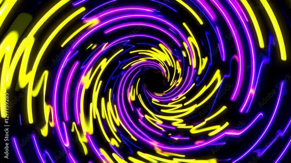 Poster vibrant neon light spiral with purple and yellow glowing streaks, creating a dynamic and mesmerizing