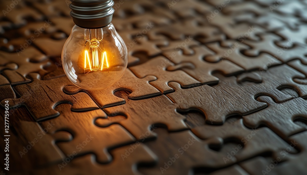Poster A closeup view of a wooden desk with a puzzle and a light bulb illustration on the last piece, symbolizing the achievement of finding a solution and developing an idea