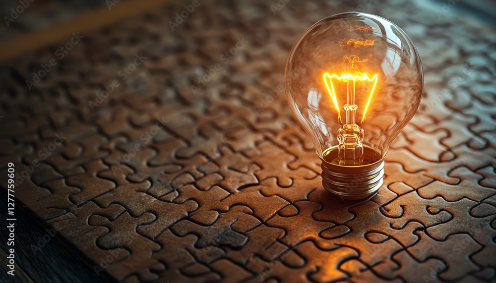 Poster A closeup view of a wooden desk with a puzzle and a light bulb illustration on the last piece, symbolizing the achievement of finding a solution and developing an idea
