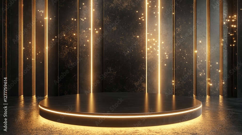 Poster a sleek black and gold podium with shimmering light effects, creating an elegant stage for a formal 
