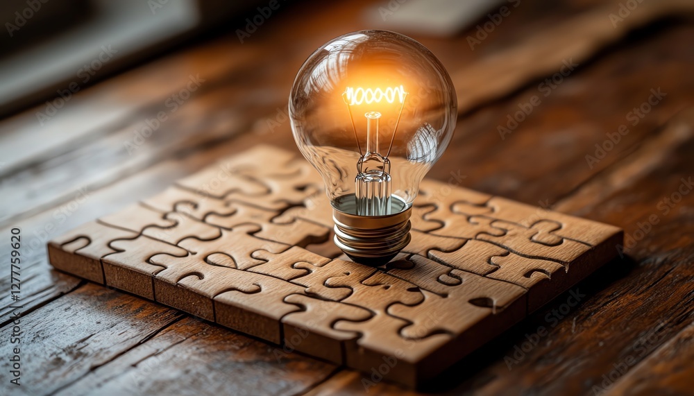 Poster a closeup view of a wooden desk with a puzzle and a light bulb illustration on the last piece, symbo