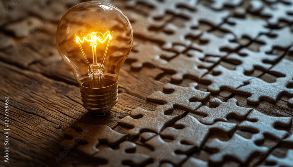 Poster A closeup view of a wooden desk with a puzzle and a light bulb illustration on the last piece, symbolizing the achievement of finding a solution and developing an idea