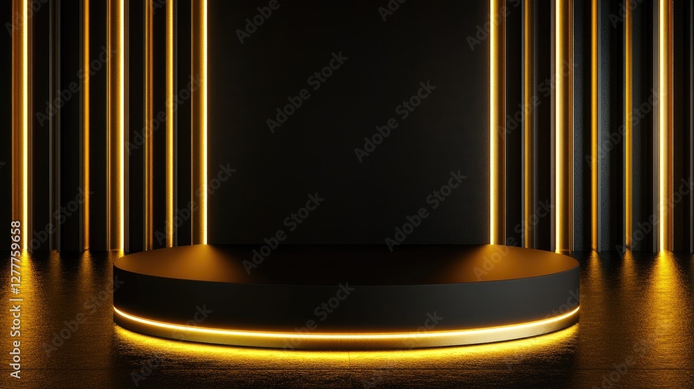 Poster a sleek black and gold podium with shimmering light effects, creating an elegant stage for a formal 