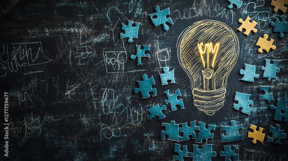 Poster a concept image of a drawn light bulb on a blackboard, with jigsaw puzzle pieces arranged like steps