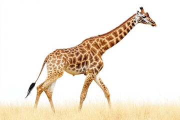 Naklejka premium Giraffe Walking in Savanna Grassland Isolated White Background Animal Wildlife Photo