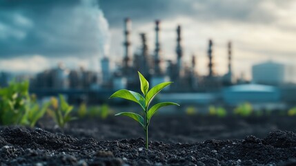 A small green plant in the foreground stands in contrast to a sprawling oil refinery in the background, showcasing the impact of industrial expansion on nature.