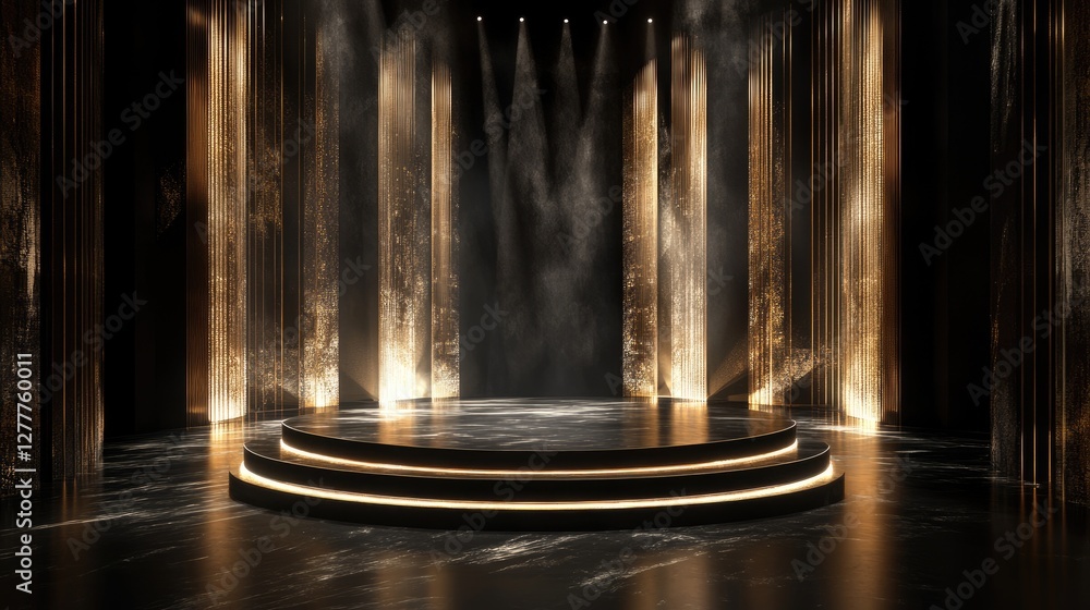Poster a sophisticated stage in black and gold, with dynamic light effects, perfect for a high-end performa