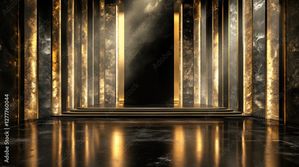 Poster a sophisticated stage in black and gold, with dynamic light effects, perfect for a high-end performa