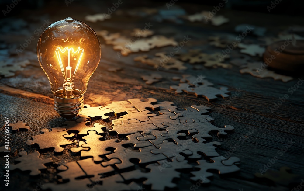 Poster a creative concept of solving a puzzle on a wooden desk, with a light bulb illustration on the final