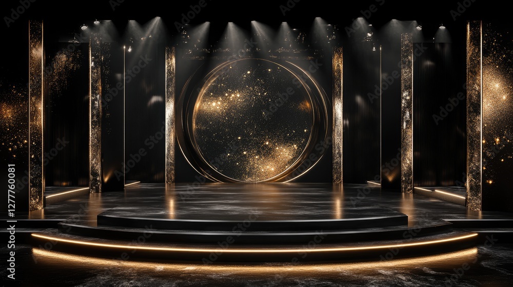 Poster a sophisticated stage in black and gold, with dynamic light effects, perfect for a high-end performa