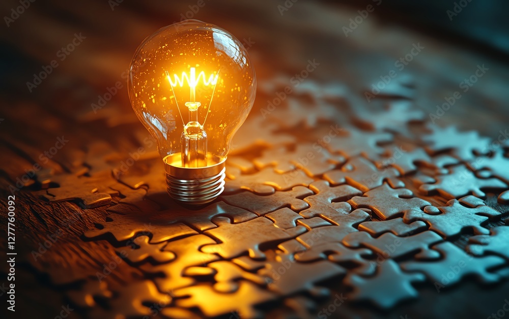 Poster a creative concept of solving a puzzle on a wooden desk, with a light bulb illustration on the final
