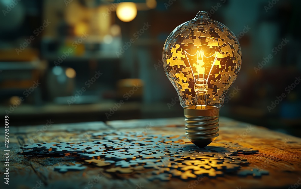 Poster a creative concept of solving a puzzle on a wooden desk, with a light bulb illustration on the final