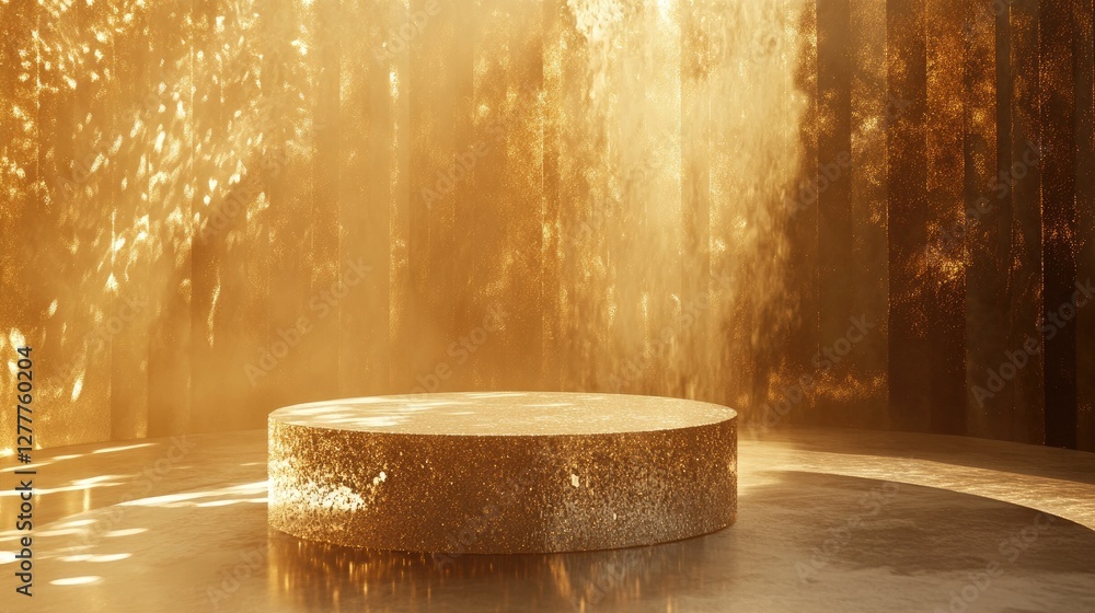 Poster a sparkling crystal podium bathed in a warm golden light effect, creating a luxurious and ethereal a