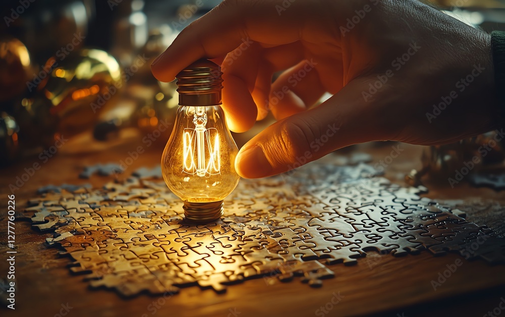 Poster a hand placing the final puzzle piece with a light bulb drawing on it, symbolizing the discovery of 