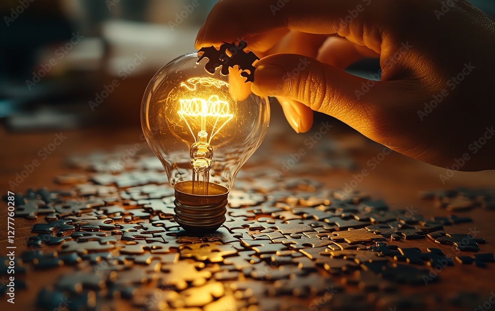 Poster a hand placing the final puzzle piece with a light bulb drawing on it, symbolizing the discovery of 
