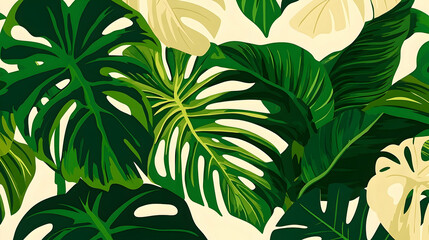 Obraz premium Tropical leaves pattern, vibrant greens, beige background, seamless design, textile print