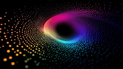 A mesmerizing spiral of gradient dots in vibrant pink, blue, yellow, and green, creating a hypnotic tunnel effect on a black background. Perfect for creative projects.