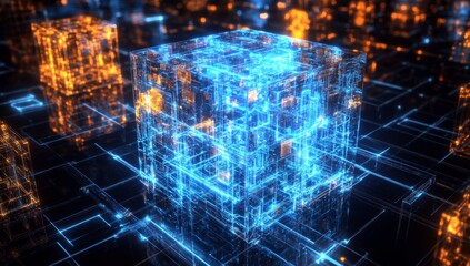 Digital network glowing cubes, data flow, abstract background, tech concept