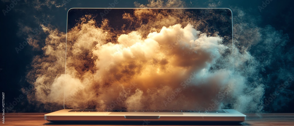 Poster A laptop transmitting data to the cloud, illustrating cloud computing, online storage, and the process of sharing files on a cloud server