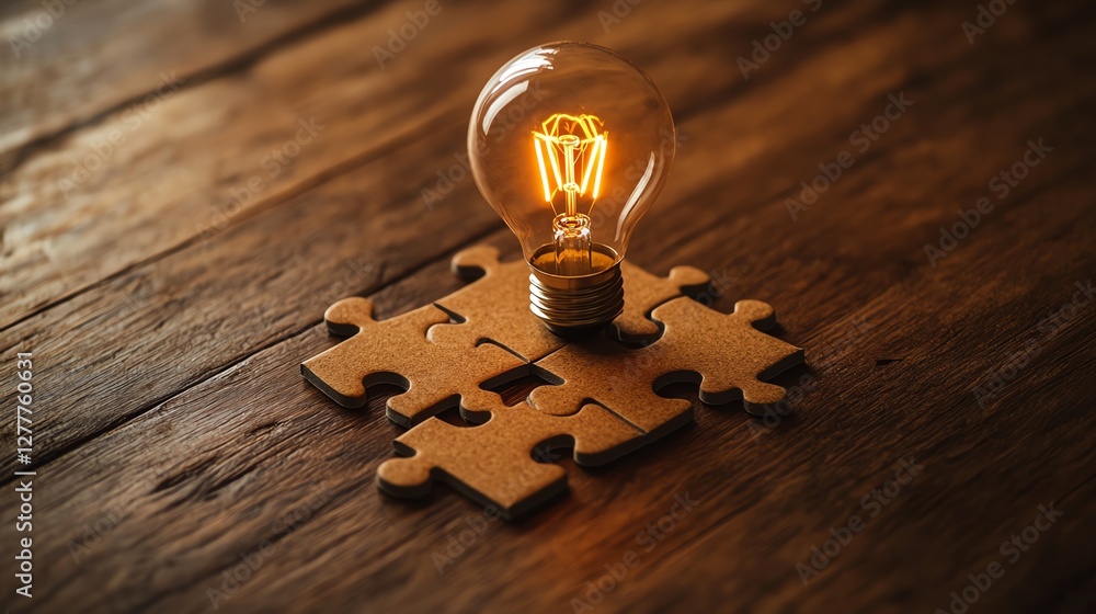 Aufkleber a light bulb drawing on the final puzzle piece on a wooden desk, symbolizing the successful completi