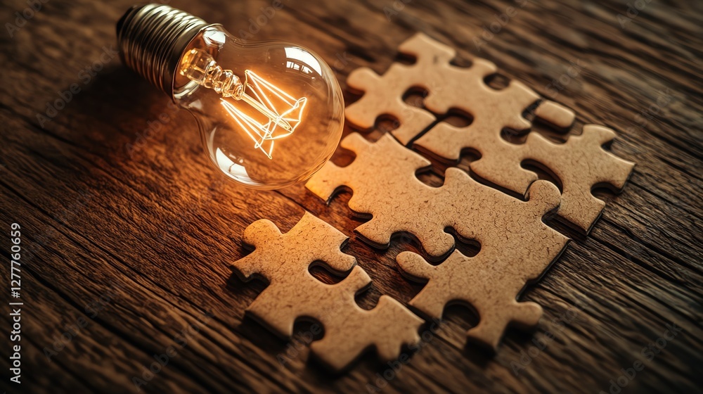 Poster A light bulb drawing on the final puzzle piece on a wooden desk, symbolizing the successful completion of a puzzle and the process of problemsolving and idea creation
