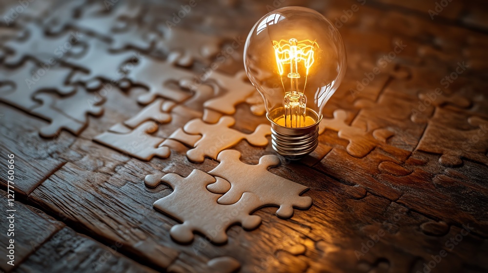 Poster A light bulb drawing on the final puzzle piece on a wooden desk, symbolizing the successful completion of a puzzle and the process of problemsolving and idea creation
