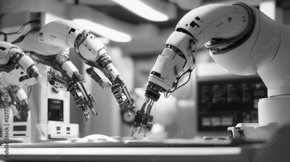 Poster A surgical team operating robotic systems for minimally invasive procedures, demonstrating the latest in medical technology and precision.