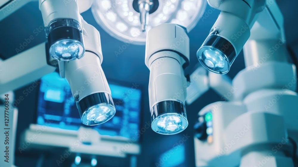 Poster a surgical team operating robotic systems for minimally invasive procedures, demonstrating the lates