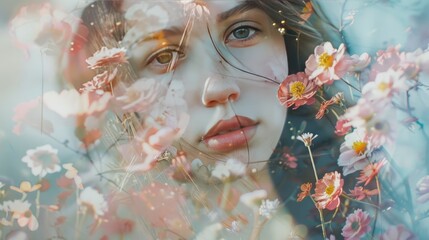 Double exposure, portrait of a young woman combined with a photograph of delicate flowers. A conceptual image showing the unity of man with nature.