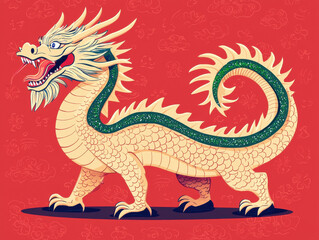 Obraz premium Golden dragon with green glittery scales on red background