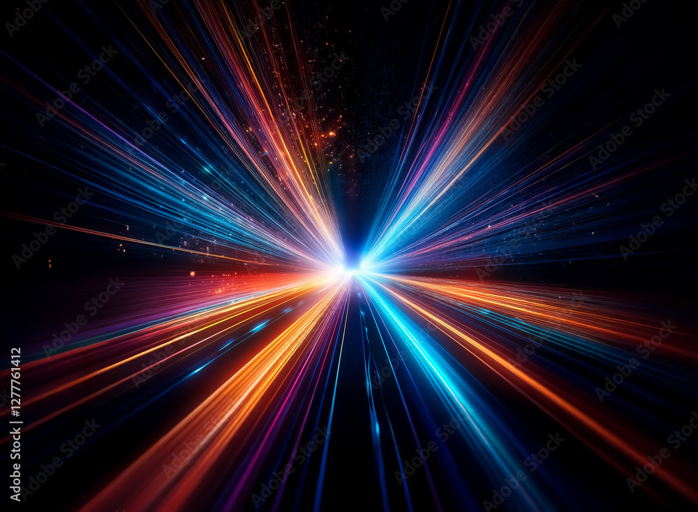 Poster vibrant light rays burst from a central point, creating speed and energy. blue, orange, and red hues